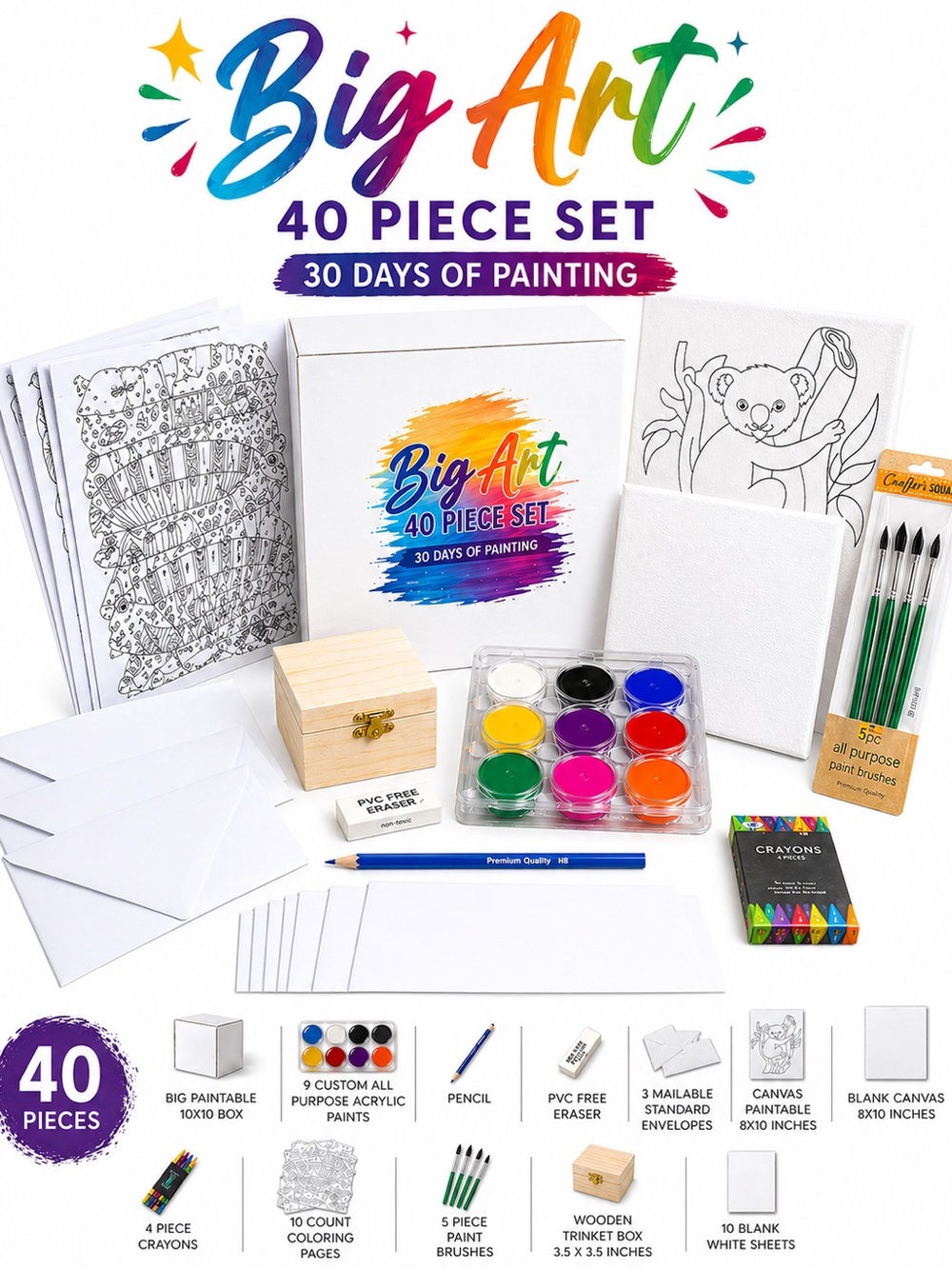 Lwbloom 40pc Art Kit Acrylic Paint Set w/ Canvas & Brushes – Kids & Adults